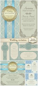  Antique baroque vector wedding invitation with blue ribbon 