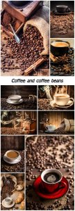  Coffee collage, cups of coffee and coffee beans 